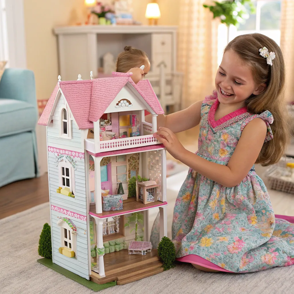Happy girl with a new dollhouse