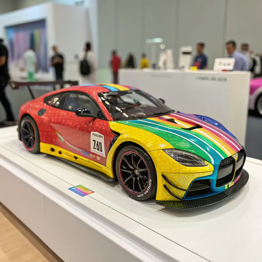 Colorful toy car on display
