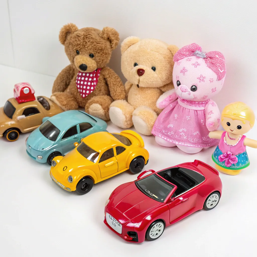 A colorful collection of various toys including teddy bears, cars, and dolls